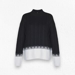 Liz Claiborne Black White Cable Knit Mock Neck Colorblock Sweater Size Large